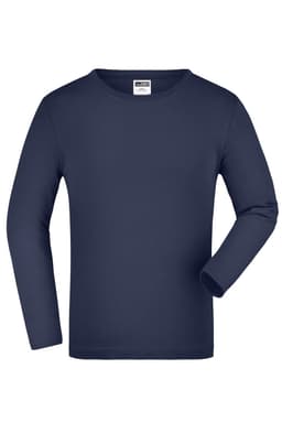 A navy long-sleeve junior shirt with a round neckline and one arm visible. It features a label inside.