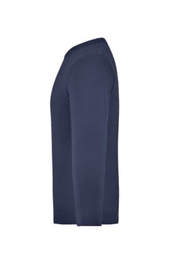 A long-sleeved medium shirt in navy blue with a side view showing its sleek design and fit.