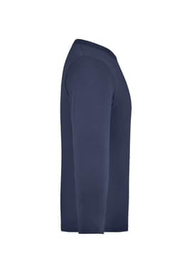 A long-sleeved medium shirt in navy blue, featuring a simple design and a logo on the side.