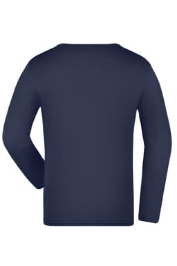A navy long-sleeve junior shirt with a plain back and a logo on the material.