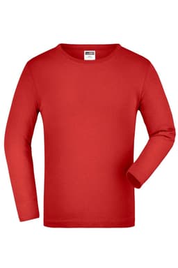 A long-sleeve medium shirt in bright red with a simple design. It features a logo on the tag.