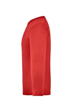 A long-sleeve medium shirt in bright red, featuring a side view with a simple design and a logo.