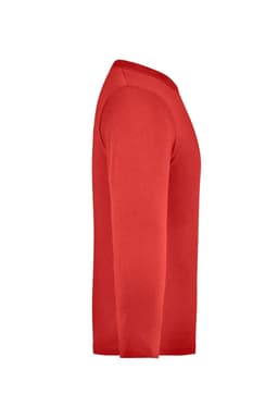 A red long-sleeved shirt displayed from the side, featuring a logo on one side.