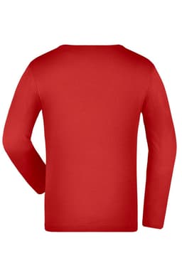 A long-sleeve shirt in bright red with a simple back design and one logo.