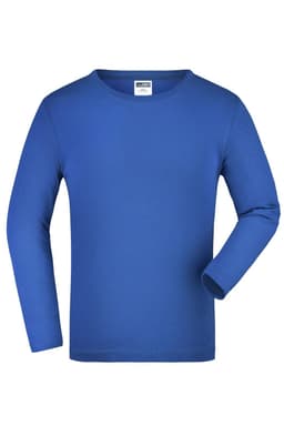A medium long-sleeve shirt in vibrant blue, featuring a simple design and a label inside the neckline.