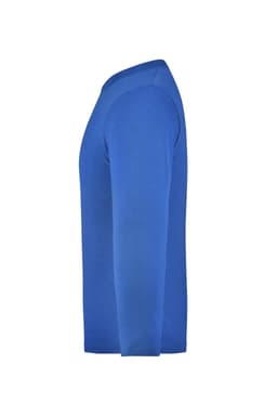 A medium long-sleeve shirt in vibrant blue, featuring a simple design and one logo.