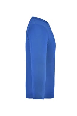 A blue long-sleeved shirt displayed from the side, featuring a fitted design and a logo.