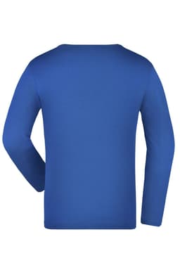 A medium long-sleeve shirt in a vibrant blue colour, featuring a smooth back without any visible designs.