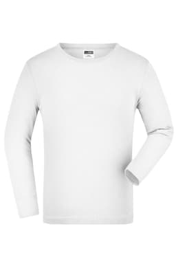 A long-sleeve white shirt with a round neckline, featuring one arm extended and a label inside the collar.