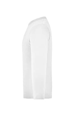 A white long-sleeve shirt with a logo, displayed from the side view.