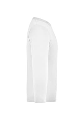 A white long-sleeve shirt displayed from the side, featuring a simple design and a logo on the fabric.