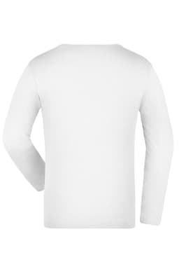 A white long-sleeve shirt with a simple design. It features a standard crew neckline and has a logo on the back.