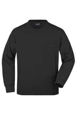 A black men's round sweat pocket jumper featuring a front pocket and a logo on the label.