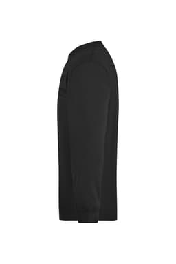 A black men's round sweat pocket jumper, featuring a side view with long sleeves and a pocket detail.