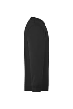 A black men's round sweat pocket jumper with a side view showcasing the sleeve and neckline. It features a logo.