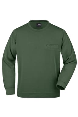 A green men's round sweat pocket jumper featuring a front pocket and ribbed cuffs. It has a branding logo.