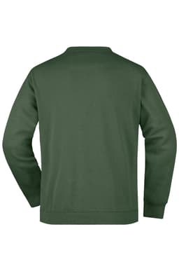 A green men's round neck sweat pocket jumper, featuring long sleeves and a plain design, with a logo on the back.