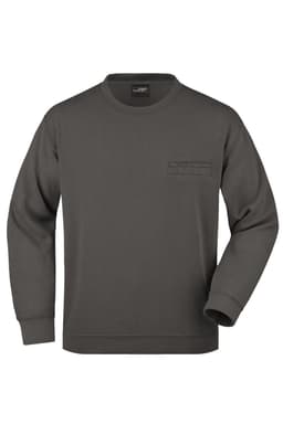 A grey men's round sweat pocket jumper featuring a front pocket and long sleeves. It has a logo on the label.