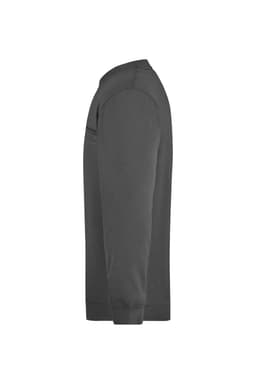 A men's round sweat pocket jumper in dark grey, featuring a side view with long sleeves and a pocket.