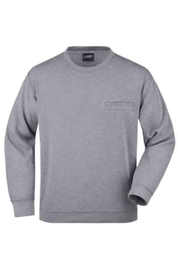 A grey round sweat jumper featuring a pocket on the chest and a logo. Perfect for casual wear.