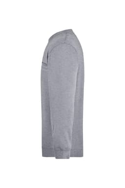 A grey men's round sweatshirt featuring a side view and a pocket. It has long sleeves and a logo.
