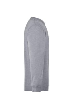 A grey men's round sweat pocket jumper, featuring a side view with a logo on the sleeve.