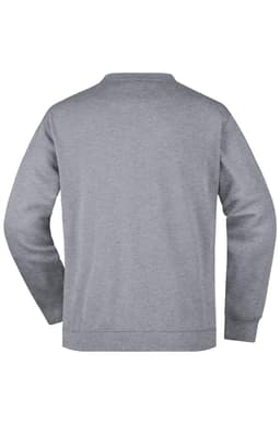 A grey men's round neck sweater with a pocket, featuring a plain design on the back. It includes a logo.