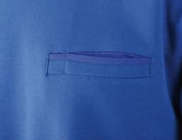 Blue men's jumper featuring a round sweat pocket, with a subtle logo on the fabric.