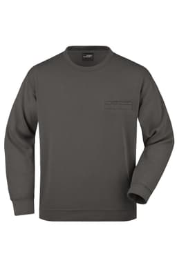 A dark grey men's round sweat pocket jumper with a front pocket and long sleeves. It features a small logo on the label.