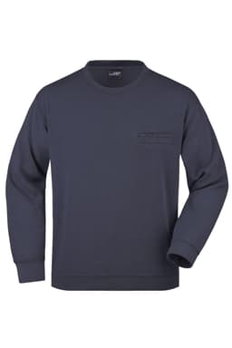 A navy round neck sweatshirt featuring a chest pocket and long sleeves, complete with a logo.