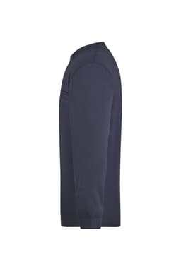 A navy blue men's round sweat pocket jumper with a side view showcasing long sleeves and a simple design.