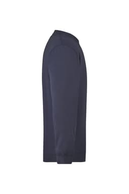 A navy blue men's sweater with a round neck and long sleeves, featuring a side view and a logo.