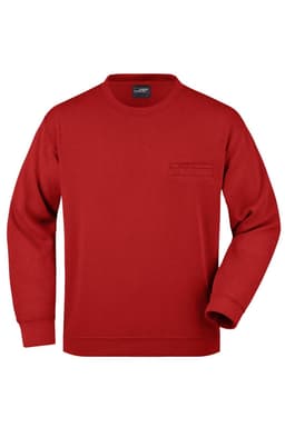 A red men's round sweat pocket jumper featuring a front pocket and long sleeves. It has a logo on the label.