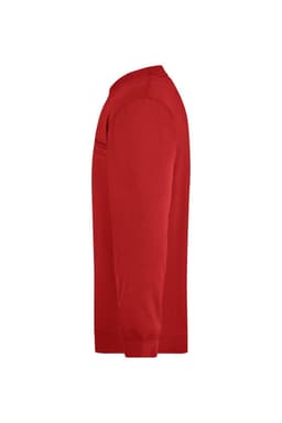 A red men's round sweat pocket jumper with long sleeves and a side view of its design. Features a logo on the fabric.