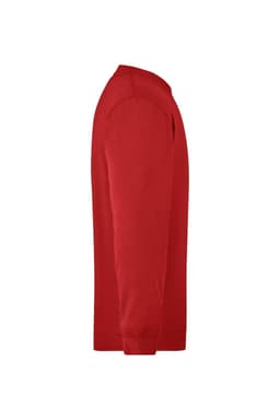 A red men's round sweat pocket jumper, featured from the side, showcasing its sleeve and overall design.