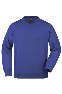 A blue men's round sweat pocket jumper featuring a chest pocket and ribbed cuffs. It has a logo on the label.