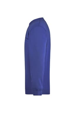A blue men's round sweat pocket jumper with long sleeves and a ribbed hem. The garment features a logo.