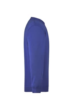 A blue men's round sweat pocket jumper with a side view, featuring a logo on the front.