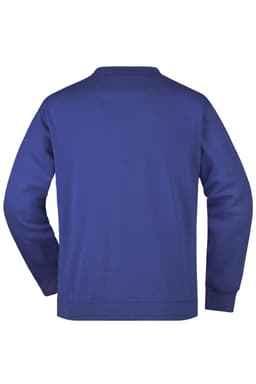 A blue men's round sweat pocket jumper, featuring long sleeves and a back view. It includes a logo on the fabric.