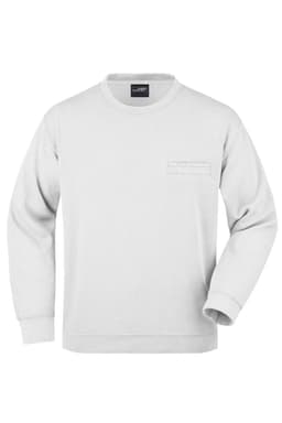 A light grey men's round sweat pocket jumper with a logo and a front pocket.