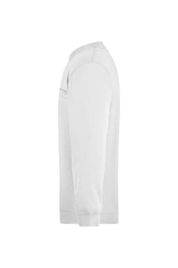 A light grey round neck sweat pocket jumper with long sleeves and a logo on the chest.