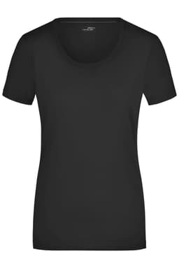 A black ladies stretch round t-shirt with short sleeves and a rounded neckline. It features a logo.