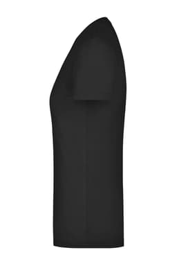 A black ladies' stretch round-t t-shirt displayed from the side, featuring a simple design and fitted silhouette.