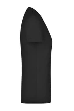 A black ladies' stretch t-shirt displayed from the side, featuring a fitted silhouette and short sleeves.