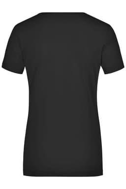 A black ladies' T-shirt with a round neck and short sleeves, featuring a branding logo.