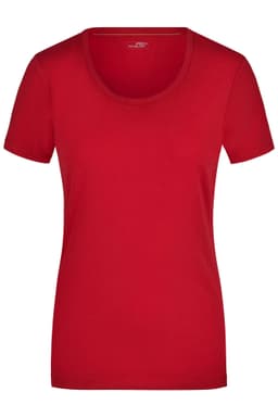 A red ladies' T-shirt with a round neckline and short sleeves, featuring a logo. Simple and stylish design.