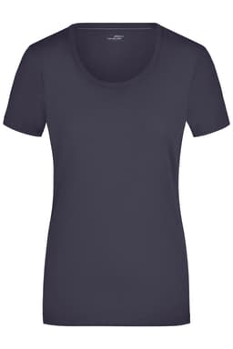 A ladies' stretch T-shirt in dark navy, featuring a round neckline and short sleeves. It has a logo.