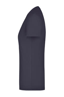 A women's navy stretch t-shirt with a round neckline and short sleeves, featuring a logo on the side.