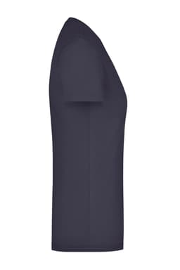 A navy blue stretch T-shirt displayed from the side, featuring a fitted silhouette and short sleeves.