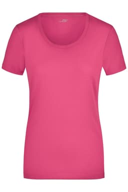 A pink ladies' stretch round-neck T-shirt with short sleeves and a fitted design. It features a logo on the label.